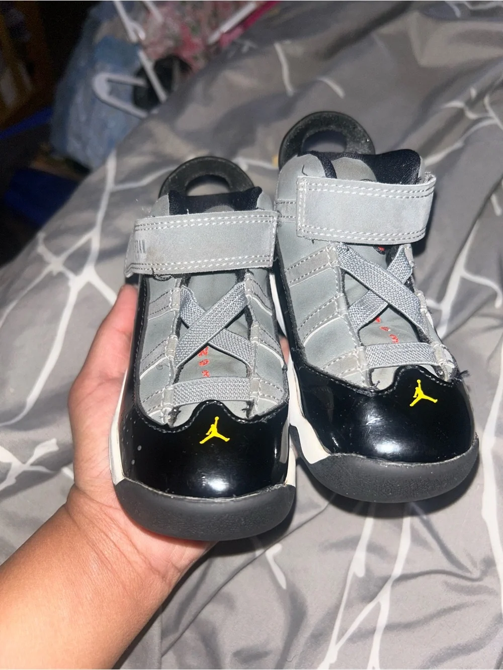 Jordan Kids Gray and Black Velcro Basketball Sneakers with Yellow Jumpman